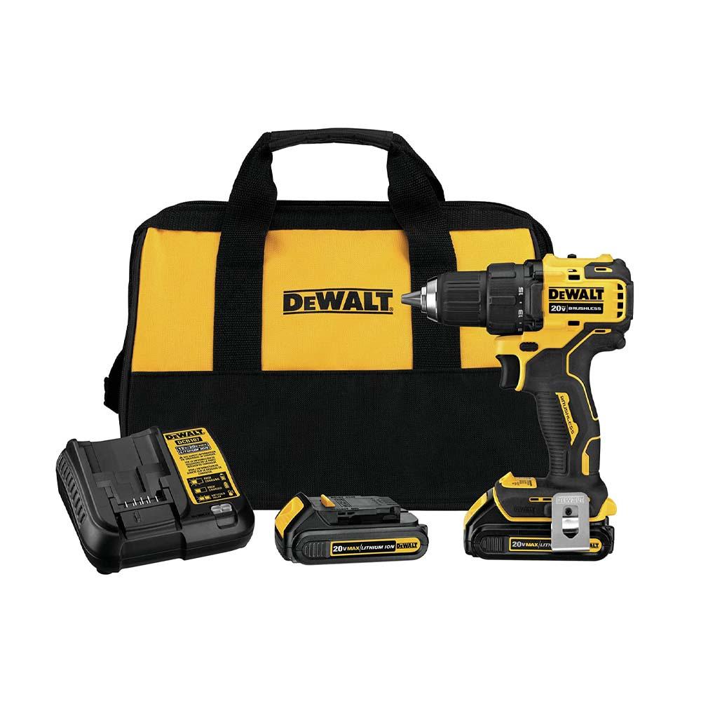 TALADRO ATORNILLADOR PERCUTOR ATOMIC RECARGABLE DEWALT 2 BATERIAS 1/2 20V SIN ESCOBILLAS (DCD709C2-B3) CAJA CARTON