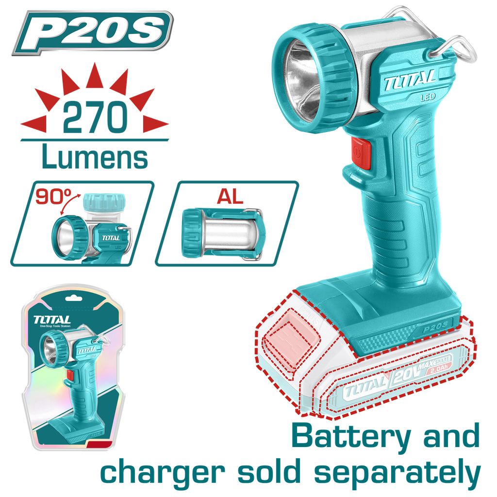 LINTERNA INALAMBRICA 270 LUMENES 20V INDUSTRIAL BATERIA Y CARGADOR NO INCLUIDO SUPER TOTAL (TWLI2038)