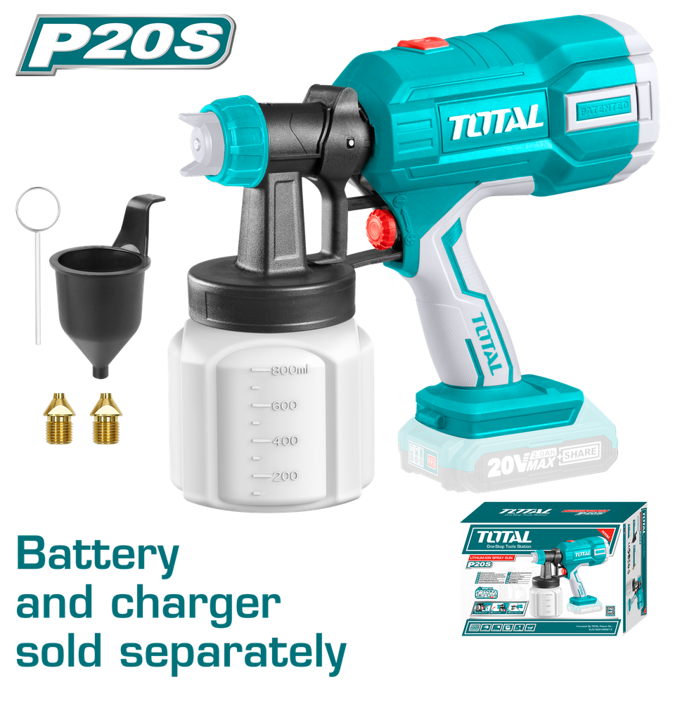 PISTOLA PINTAR INALAMBRICA 800ML 20V INCLUYE AGUJA DE LIMPIEZA Y DOS BOQUILLAS, BATERIA Y CARGADOR NO INCLUIDO TOTAL (TSGLI2003)