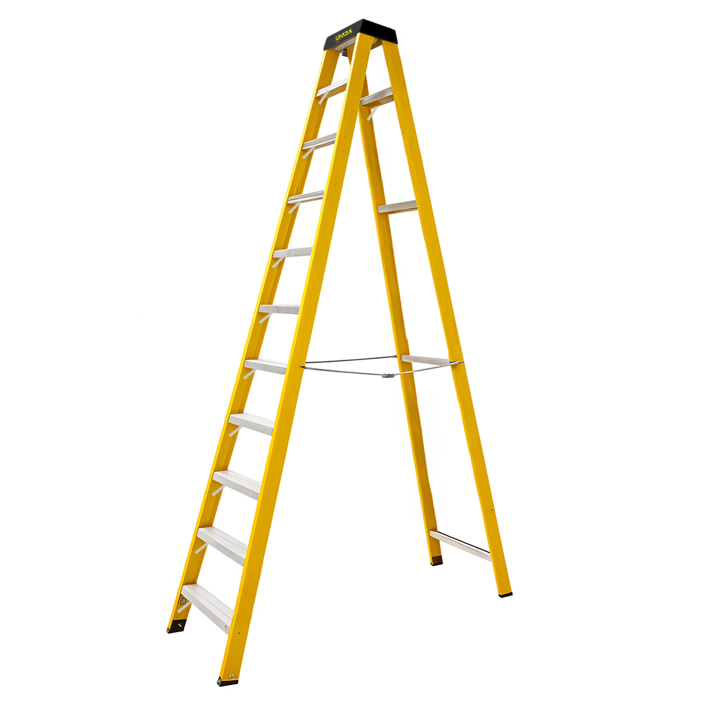 ESCALERA TIJERA 10 PELDAÑOS EN FIBRA DE VIDRIOCAP 150 KILOS USO INDUSTRIAL UDUKE CON PLATAFORMA  (HT3187)
