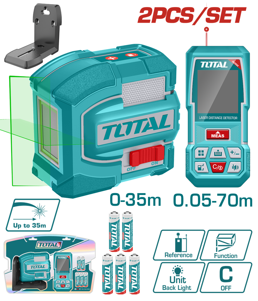 KIT DE NIVEL LASER 0-35M LUZ VERDE INDUSTRIAL (TLL156601)+MEDIDOR DE DISTANCIAS LASER 60MTS (TMT57026) SUPER TOTAL (TOSLL0401)