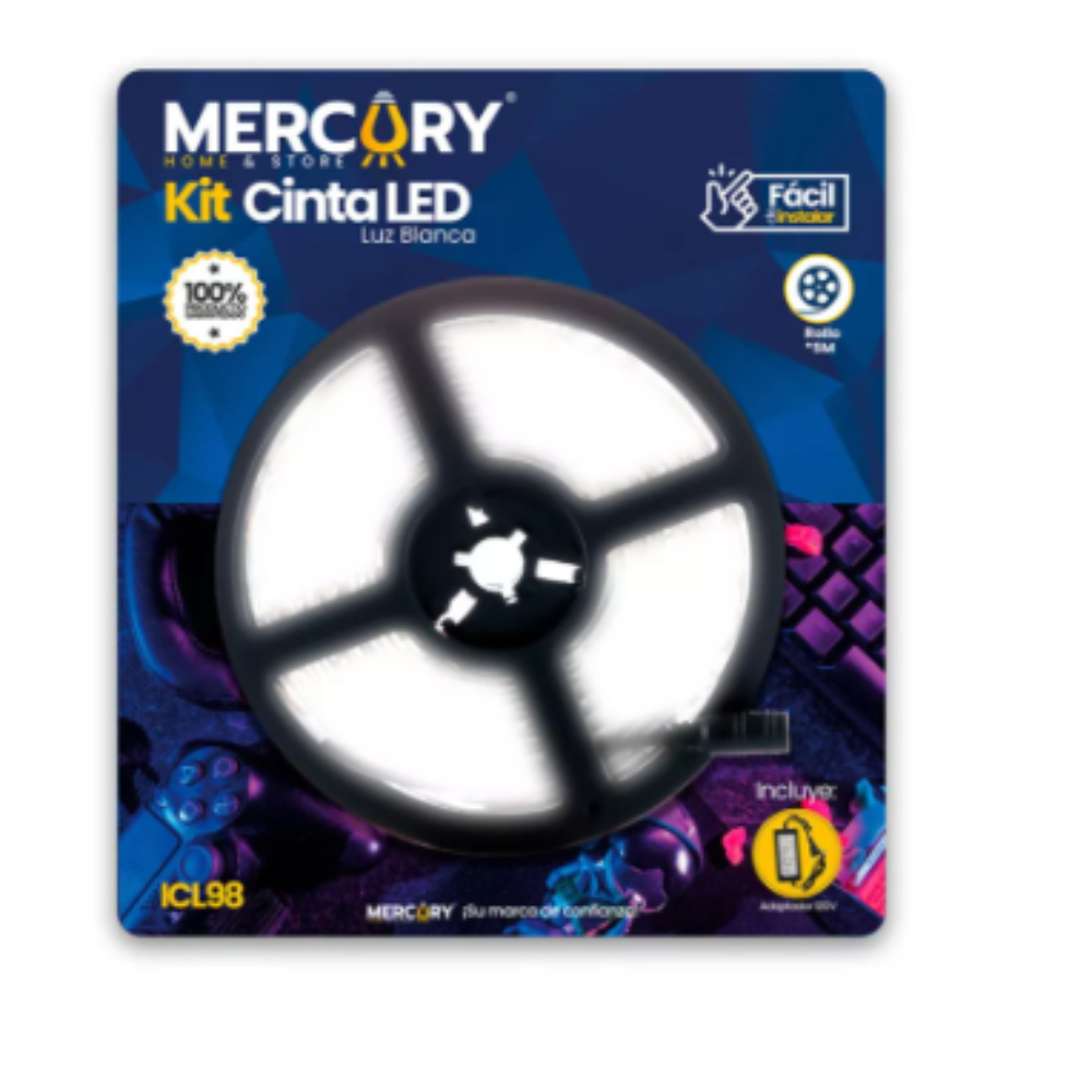 KIT CINTA LED LUZ BLANCA MERCURY 12 V 5054 ROLLO 5 MTS + ADAPTADOR 120V ICL98 (46653)