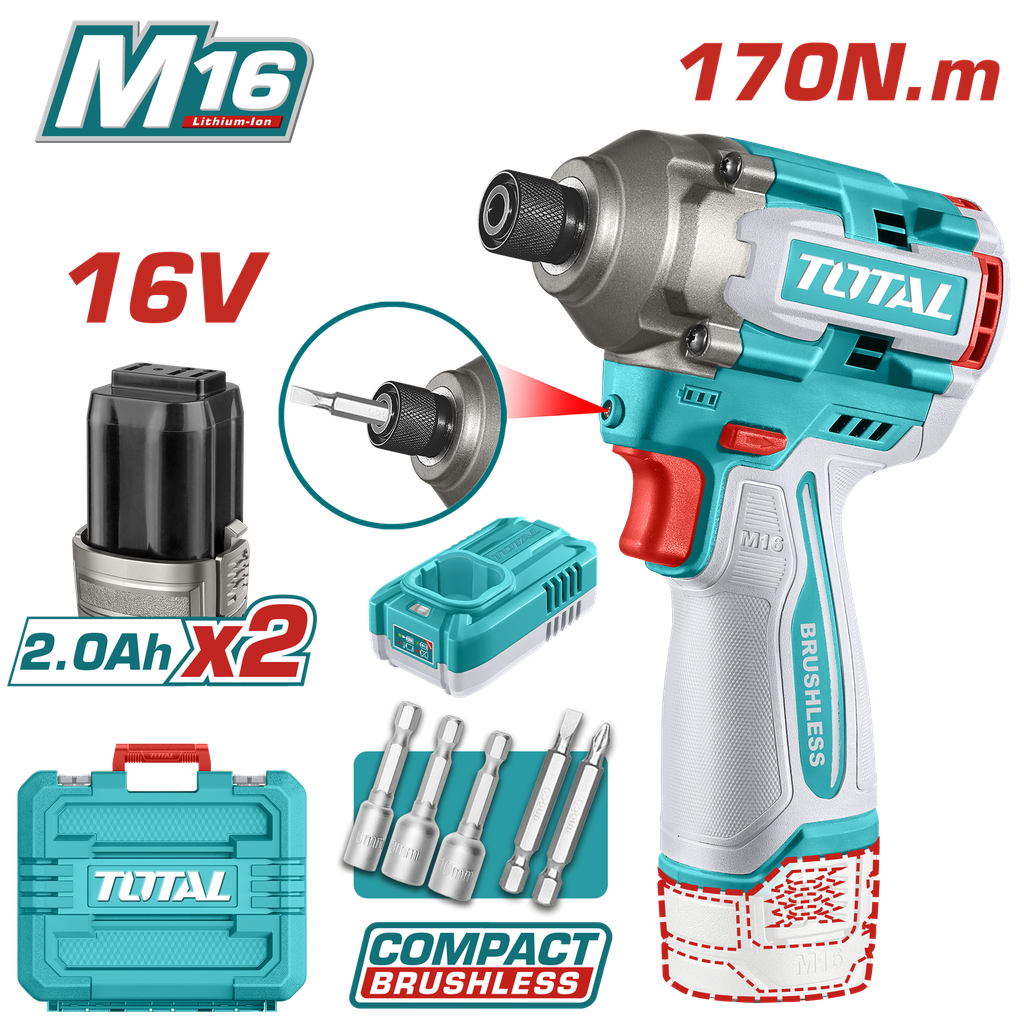 ATORNILLADOR DE IMPACTO INALAMBRICO  16V 170NM  INCLUYE 2 BATERIAS 2.0AH, CARGADOR,  PUNTA TALADRO Y  COPA  INDUSTRIAL SUPER TOTAL (UTIRLI16178)
