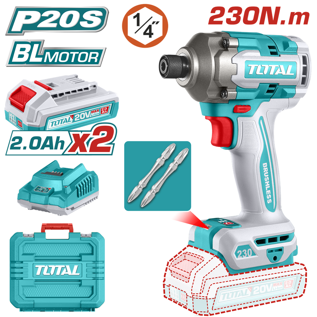 ATORNILLADOR DE IMPACTO INALAMBRICO 1/4 20V 230NM  INCLUYE 2 BATERIAS, 2 PUNTA TALADRO INDUSTRIA  SUPER TOTAL (UTIRLI2023)