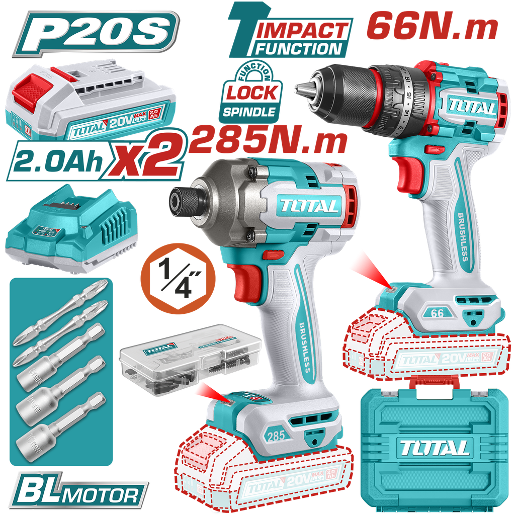 COMBO INALAMBRICO   TALADRO  1/2" 66 N.M  + ATORNILLADOR DE IMPACTO 1/4" 20V 285 N.M  INCLUYE 2 BATERIA 2.0AH , 1 CARGADOR Y ACCESORIOS  INDUSTRIAL SUPER TOTAL (UTCKLI20277)