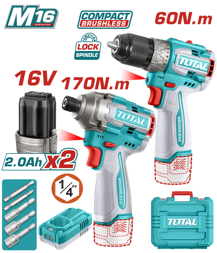 COMBO INALAMBRICO  16V TALADRO 1/2" 60NM + PISTOLA IMPACTO 170NM INCLUYE 2 BATERIAS, 1 CARGADOR  COPA TORNILLO INDUSTRIAL SUPER TOTAL (UTOSLI240968)