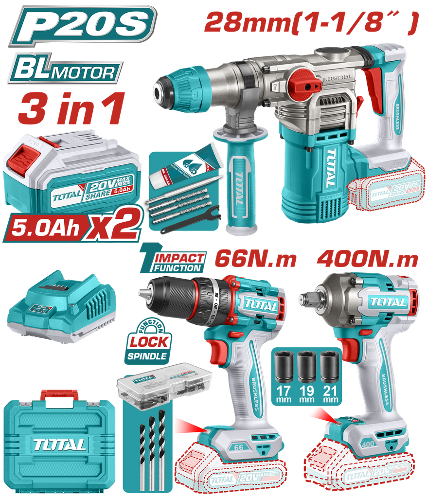 COMBO INALAMBRICO  20V  TALADRO  ATORNILLADOR 1/2" 66 N.M  + PISTOLA DE IMPACTO 1/2"  400 N.M + TALADRO ROTOMARTILLO SDS PLUS  4.5 JULES  INCLUYE 2 BATERIA 5.0AH , 1 CARGADOR Y ACCESORIOS  INDUSTRIAL  SUPER TOTAL (UTCKLI20638)