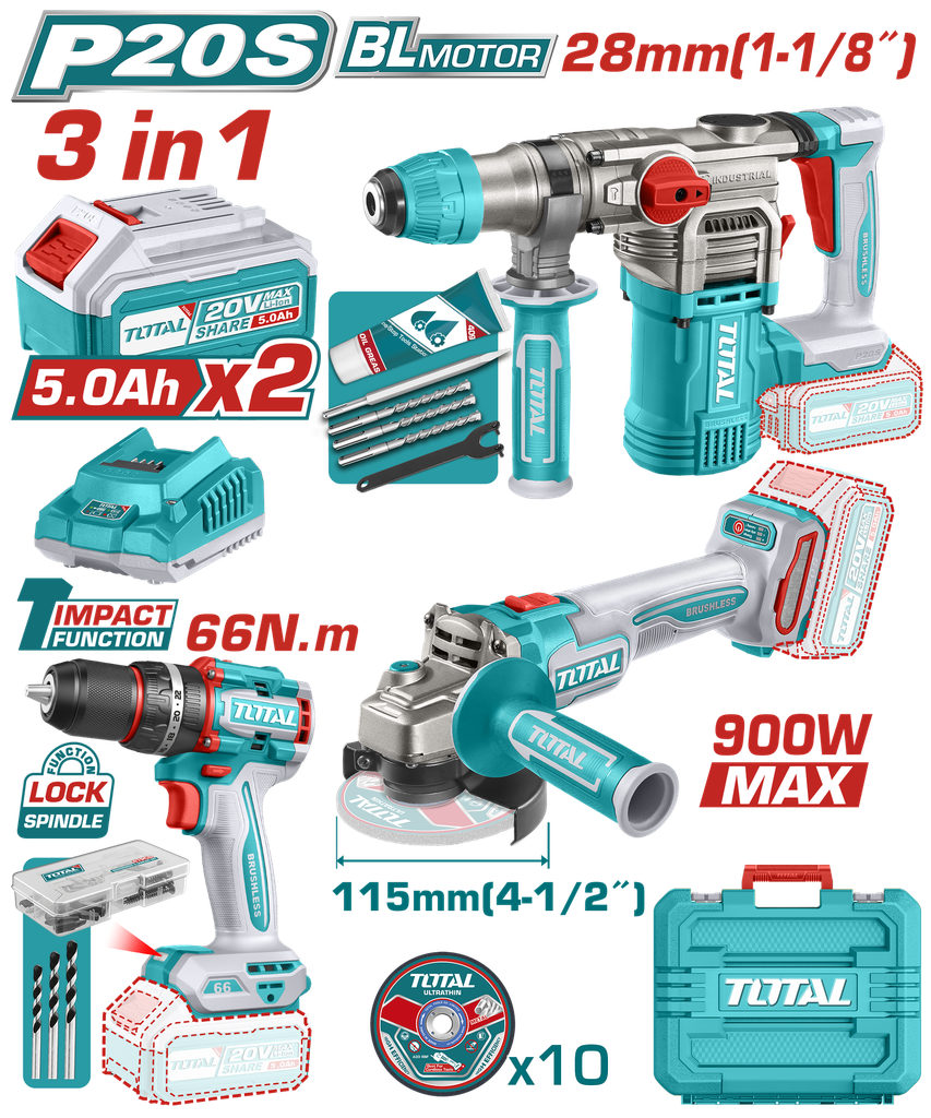 COMBO INALAMBRICO 20V  X 3 PZS TALADRO ATORNILLADOR INALAMBRICO 1/2 66 NM +  PULIDORA INALAMBRICA 4 1/2 + TALADRO ROTOMARTILLO SDS PLUS  4.5 JULES  INLCUYE 2 BATERIAS 5.0AH , 1 CARGADOR , 10 DISCOS DE CORTE Y 47 ACCESORIOS INDUSTRIAL SUPER TOTAL (UTOSLI241183)
