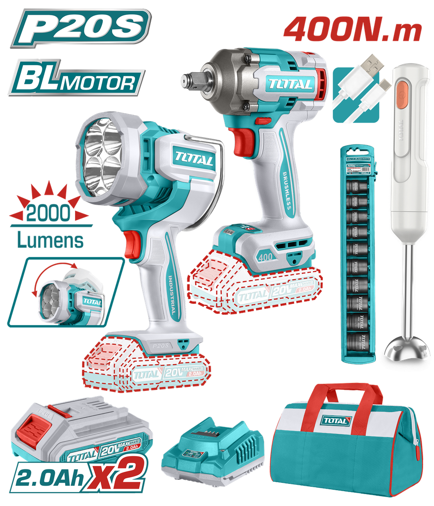 COMBO INALAMBRICO 20V PISTOLA IMPACTO INALAMBRICA 1/2 400NM + LAMPARA DE TRABAJO INALAMBRICA 2000 LUMENES + BATIDORA RECARGABLE  INCLUYE 2 BATERIAS 2.0 AH, CARGADOR Y COPAS INDUSTRIAL SUPER TOTAL ( UTOSLI240961)  