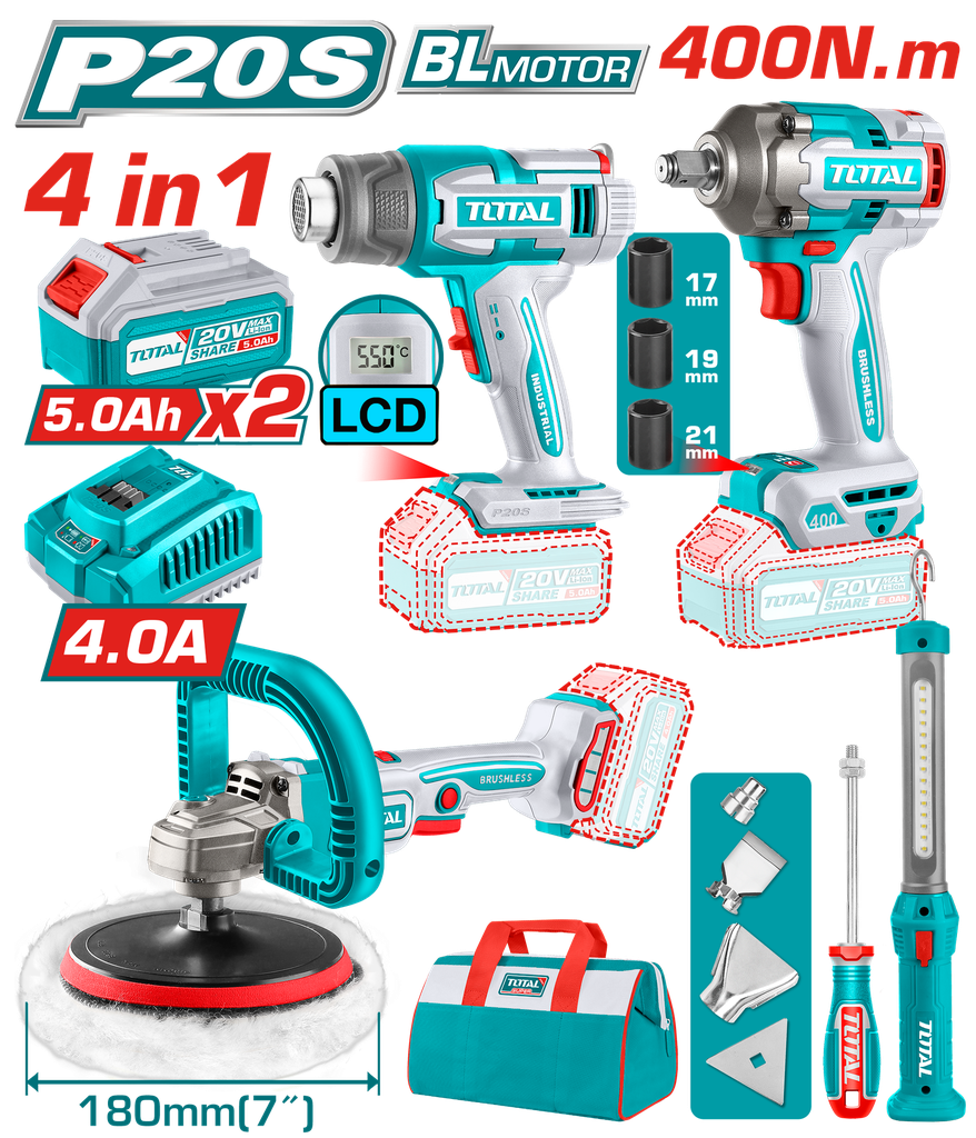 COMBO INALAMBRICO 20V POLICHADORA  7" + PISTOLA IMPACTO 1/2 400 N.M + PISTOLA DE CALOR + LAMPARA DE TRABAJO  300 LUMENES INCLUYE 2 BATERIAS 5.0AH, 1 CARGADOR  Y  ACCESORIOS INDUSTRIAL SUPER TOTAL (UTOSLI241182)