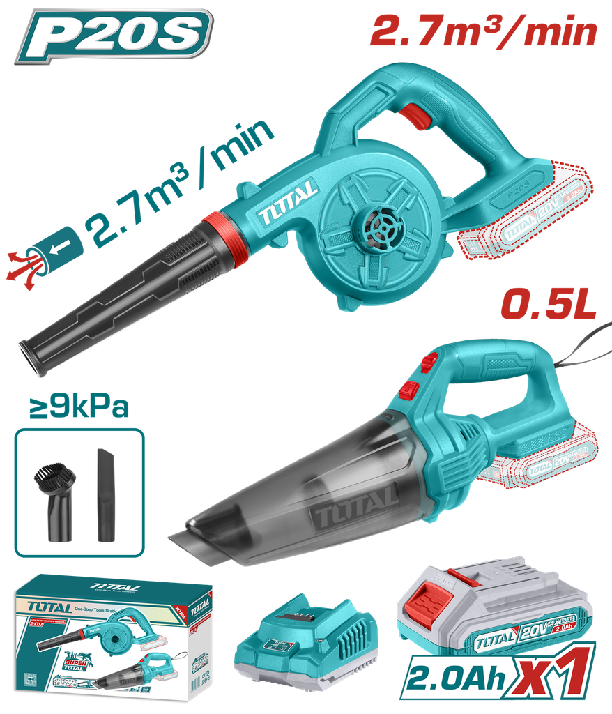 COMBO INALAMBRICO 20V SOPLADORA INALAMBRICA +  ASPIRADORA DE MANO 0,5L INCLUYE 1 BATERIA 2.0AH SUPER TOTAL (UTOSLI240998)