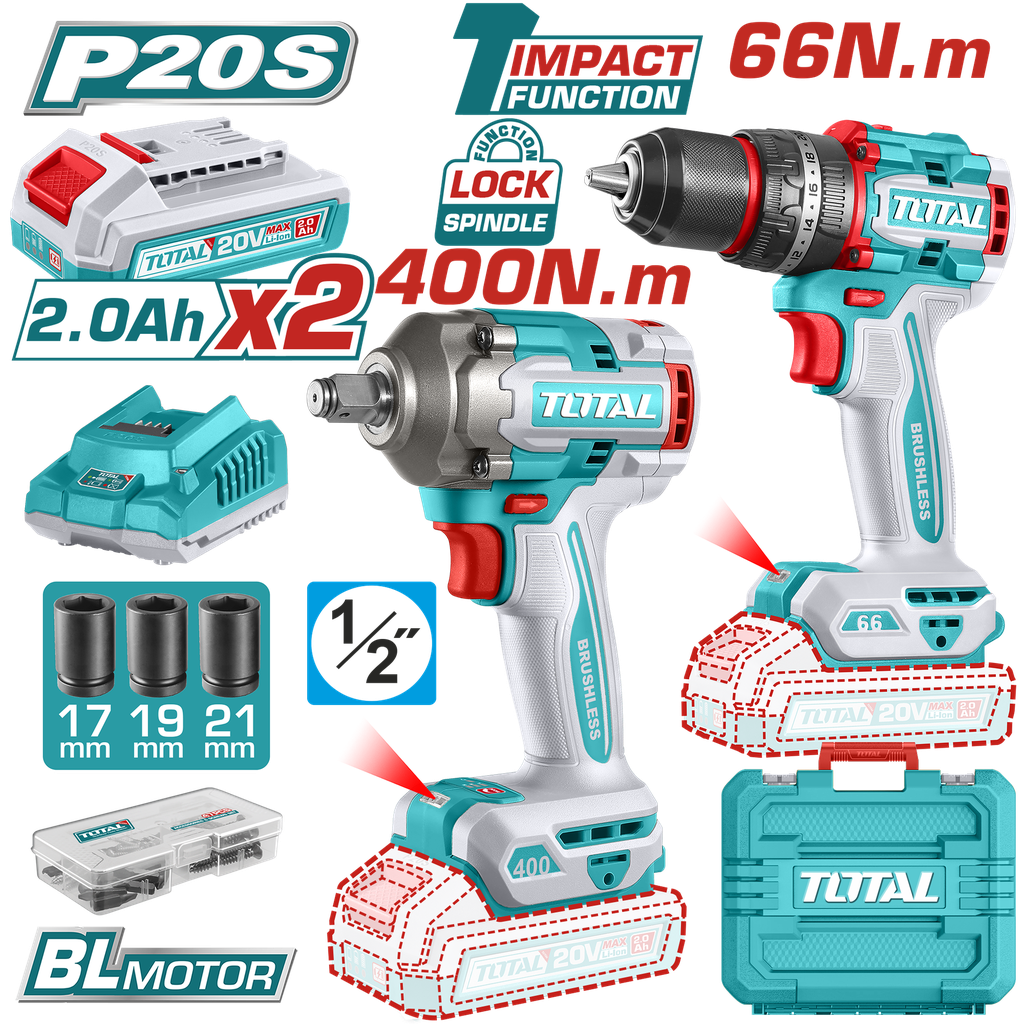 COMBO INALAMBRICO TALADRO 1/2" 66 N.M + ATORNILLADOR DE IMPACTO 1/2" 20V 400 N.M  INCLUYE 2 BATERIA 2.0AH , 1 CARGADOR Y ACCESORIOS SUPER TOTAL (UTCKLI20275)