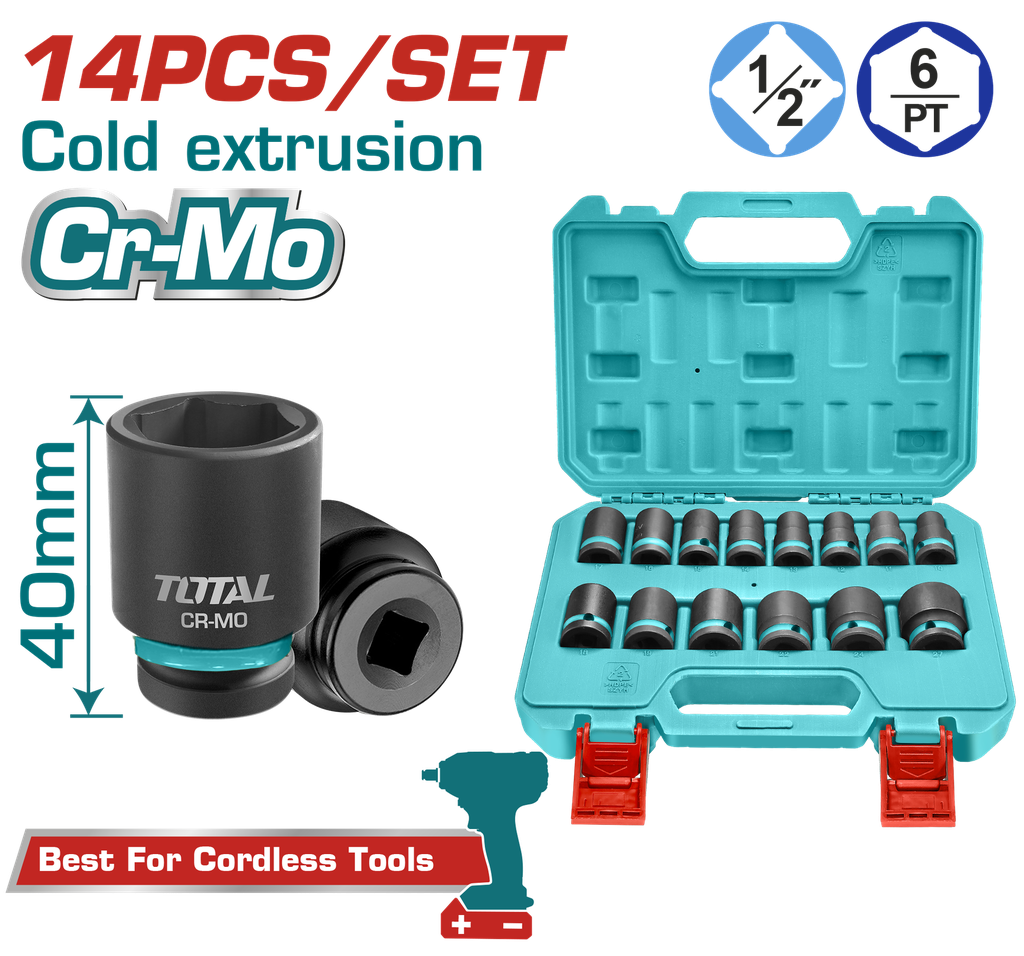 COPAS DE IMPACTO 1/2 INDUSTRIAL LARGO 40 MM JUEGO X 14PZS 10 - 27 MM SUPER TOTAL (THISTD12141)