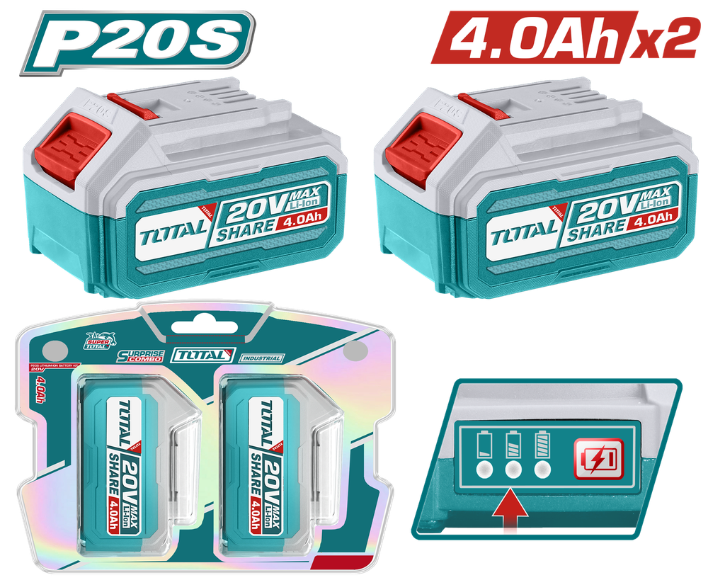 KIT DE BATERIA X2 PZS 20V 4,0AH INDUSTRIAL ION LITHIUM  INDUSTRIAL SUPER TOTAL (TOSLI240312)
