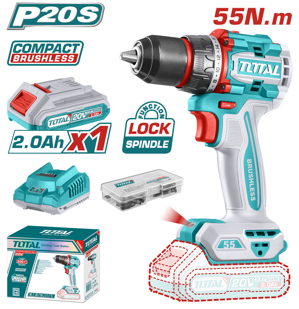TALADRO ATORNILLADOR INALAMBRICO 1/2 20V 55NM INCLUYE 1 BATERIA DE 2.0AH, CARGADOR,47 ACCESORIOS TOTAL (UTDLI205582)