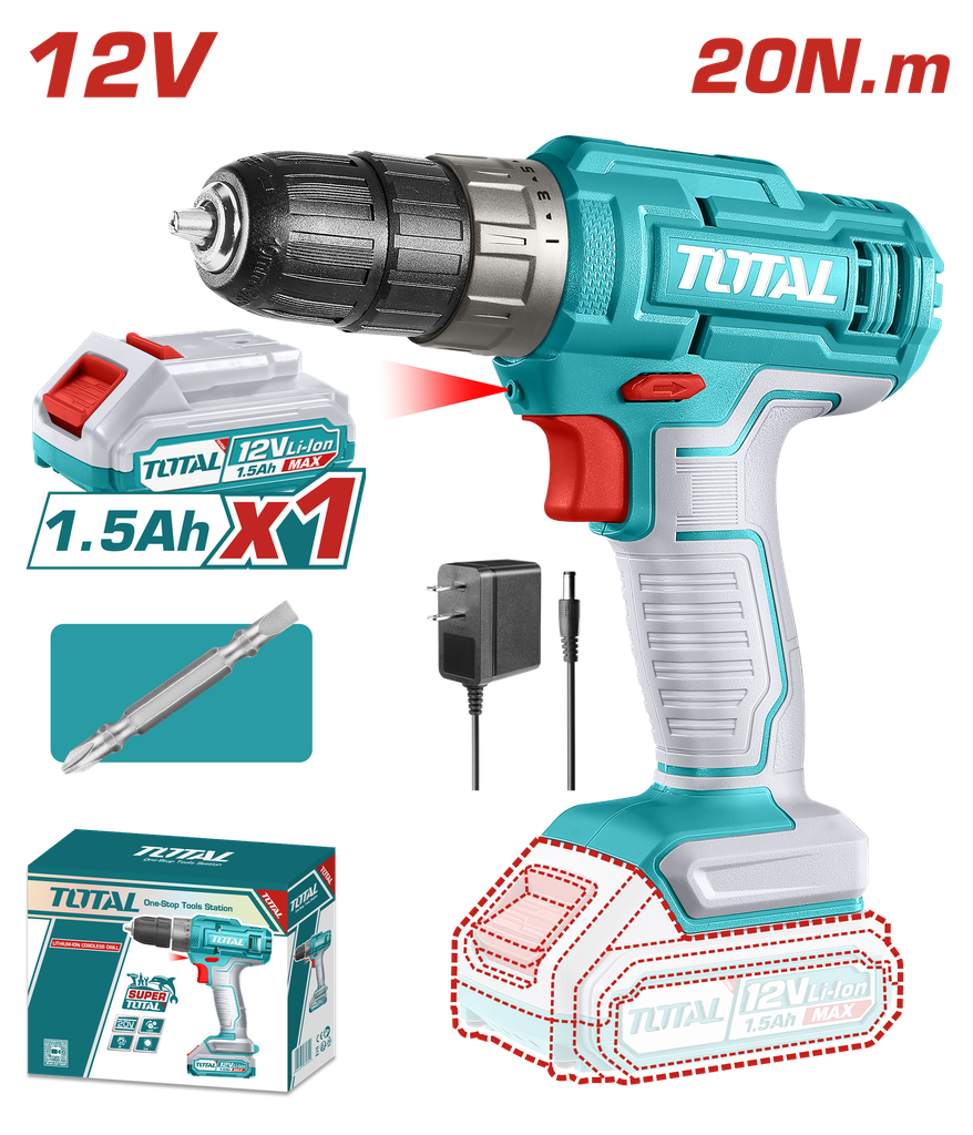 TALADRO INALAMBRICO  1/32-3/8  12V 20 N.M INCLUYE 1 BATERIA DE 1.5AH SUPER TOTAL (UTDLI1218)