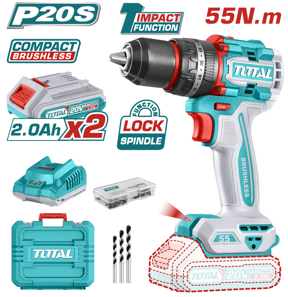 TALADRO INALAMBRICO  PERCUTOR 1/2 20V 55 N.M INCLUYE 2 BATERIA DE 2.0AH, CARGADOR,47 ACCESORIOS,3 BROCAS CONCRETO INDUSTRIAL SUPER TOTAL (UTIDLI20558)