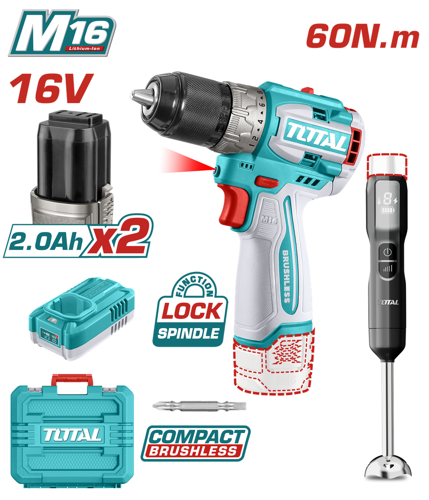 TALADRO INALAMBRICO 1/2 16V 60NM INCLUYE 2 BATERIAS 2,0AH + CARGODOR  + BATIDORA DE MANO INDUSTRIAL SUPER TOTAL (UTCKLI1628)
