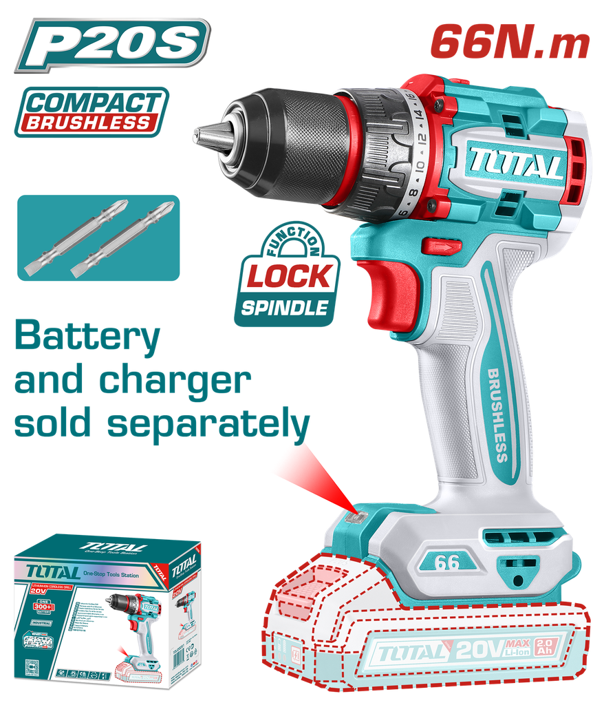 TALADRO INALAMBRICO 1/2 20V 66 N.M INCLUYE 2 PUNTA TALADRO  BATERIA Y CARGADOR SE VENDE POR SEPARADO INDUSTRIAL SUPER TOTAL (TDLI206681)