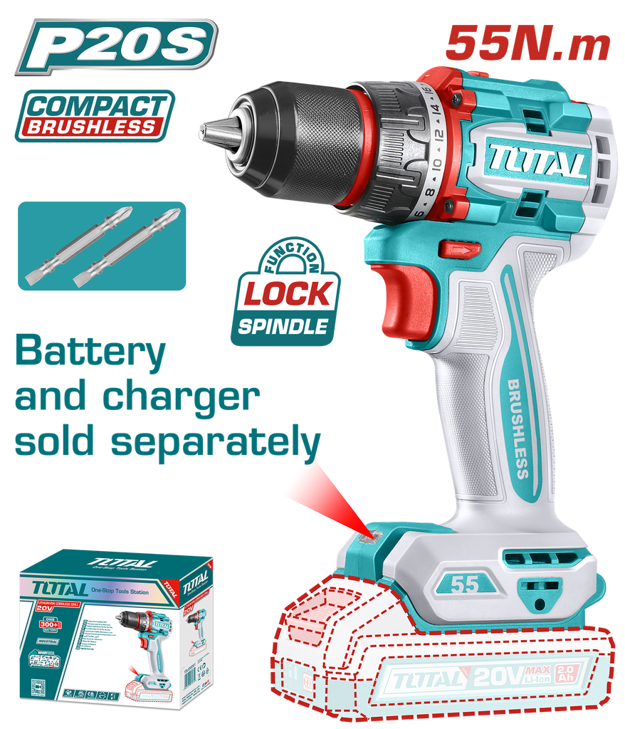 TALADRO INALAMBRICO 1/2" 20V 55 N.M CARGADOR Y BATERIA NO INCLUIDO SUPER TOTAL (TDLI205581)