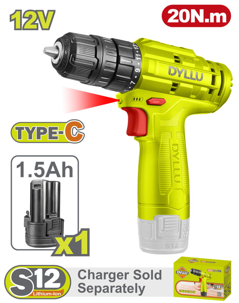TALADRO INALAMBRICO 3/8 12V 20NM  INCLUYE 1 BATERIA 1.5AH  CARGADOR NO INCLUIDO (DTCDS510)