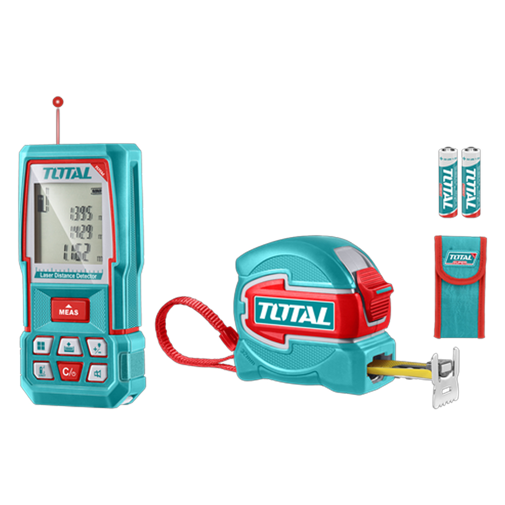 KIT DE MEDIDOR DE DISTANCIAS LASER 60MTS + METRO 5 MTS HOJA 32MM INDUSTRIAL SUPER TOTAL (TLDD241201)