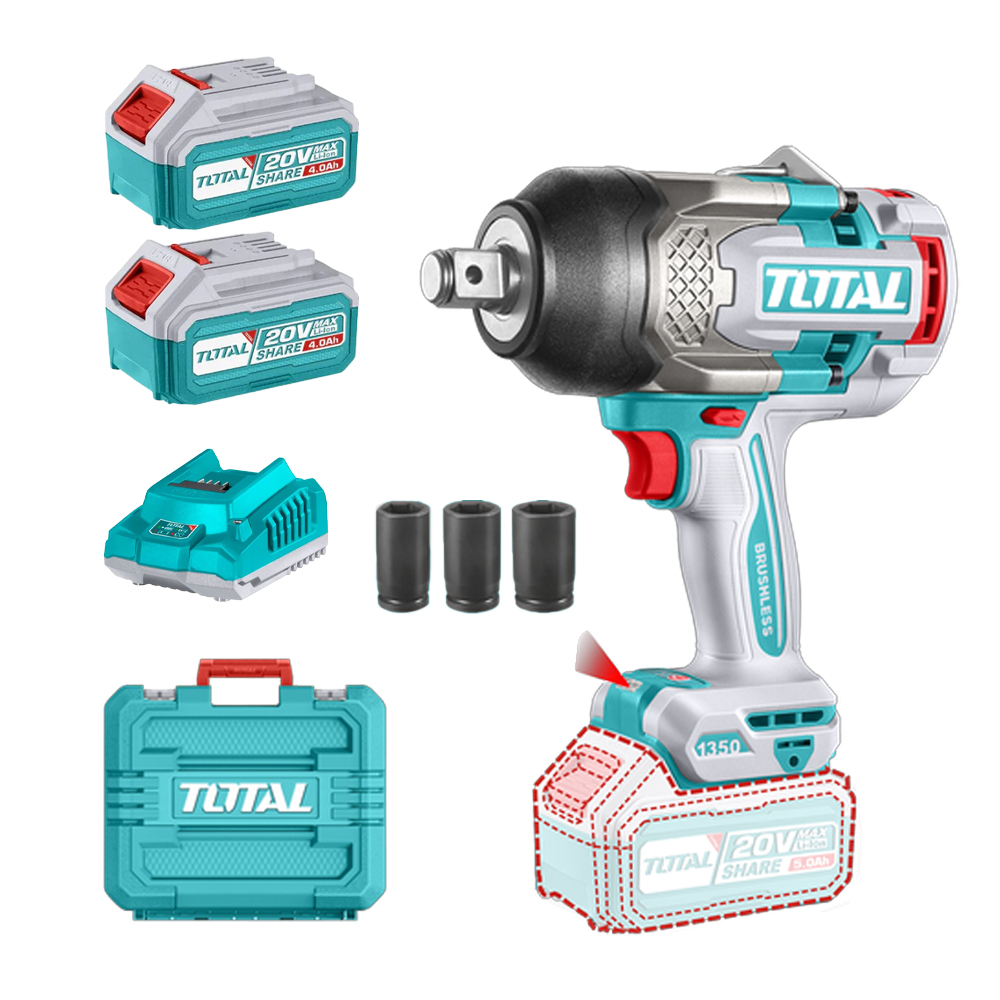 PISTOLA IMPACTO INALAMBRICA 3/4 20V 1350NM INCLUYE 2 (5.0 AH) BATERIAS 1 CARGADOR Y 3 COPAS 27,30,32 MM INDUSTRIAL SUPER TOTAL (UTIWLI20135)