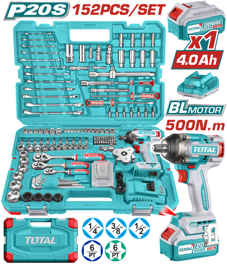 PISTOLA IMPACTO INALAMBRICO 1/2 20V 500 N.M INCLUYE 1 BATERIAS 1 CARGADOR + 152 ACCESORIOS INSDUSTRIAL SUPER TOTAL (UTHKTHP31522)