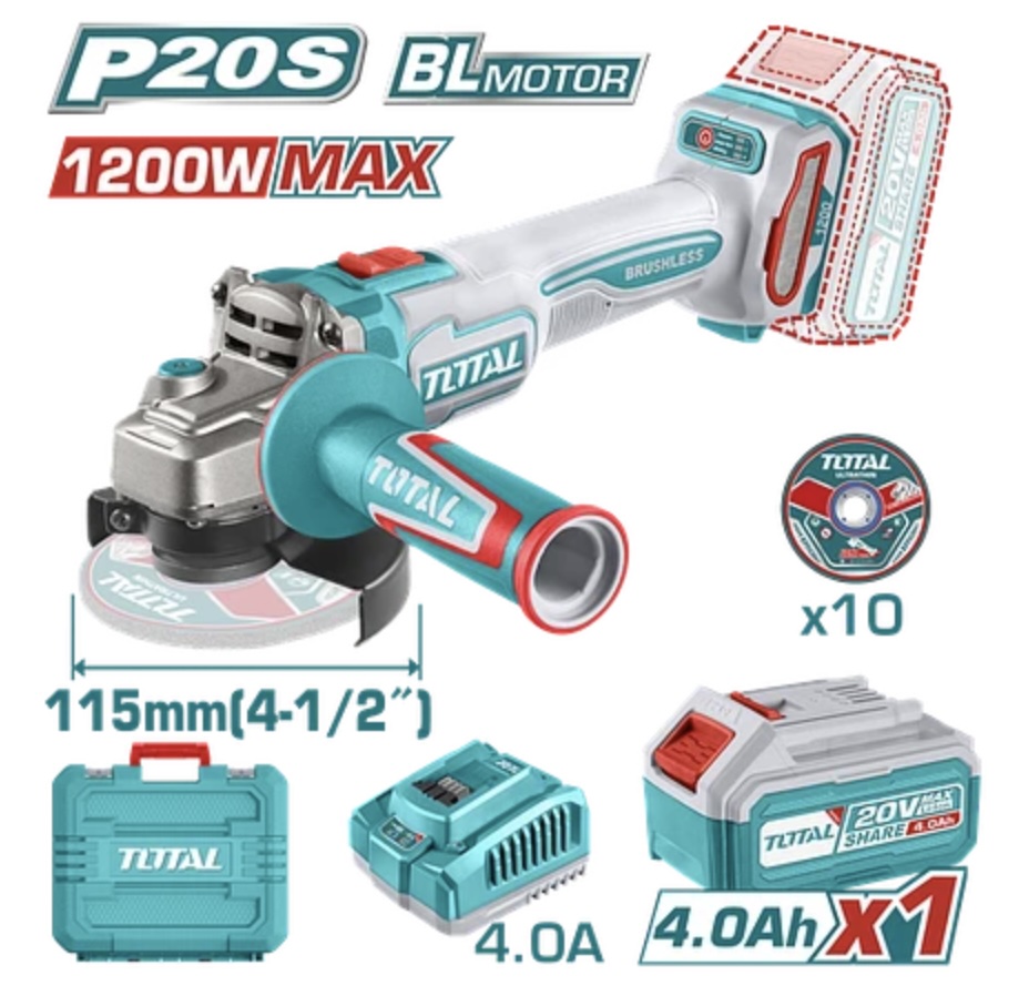 PULIDORA INALAMBRICA 4 1/2 INDUSTRIAL 20 V 1200W INCLUYE BATERIA 4.0 AH, CARGADOR Y 10 DISCOS, MOTOR SIN ESCOBILLAS INDUSTRIAL SUPER TOTAL (UTAGLI2211531A)