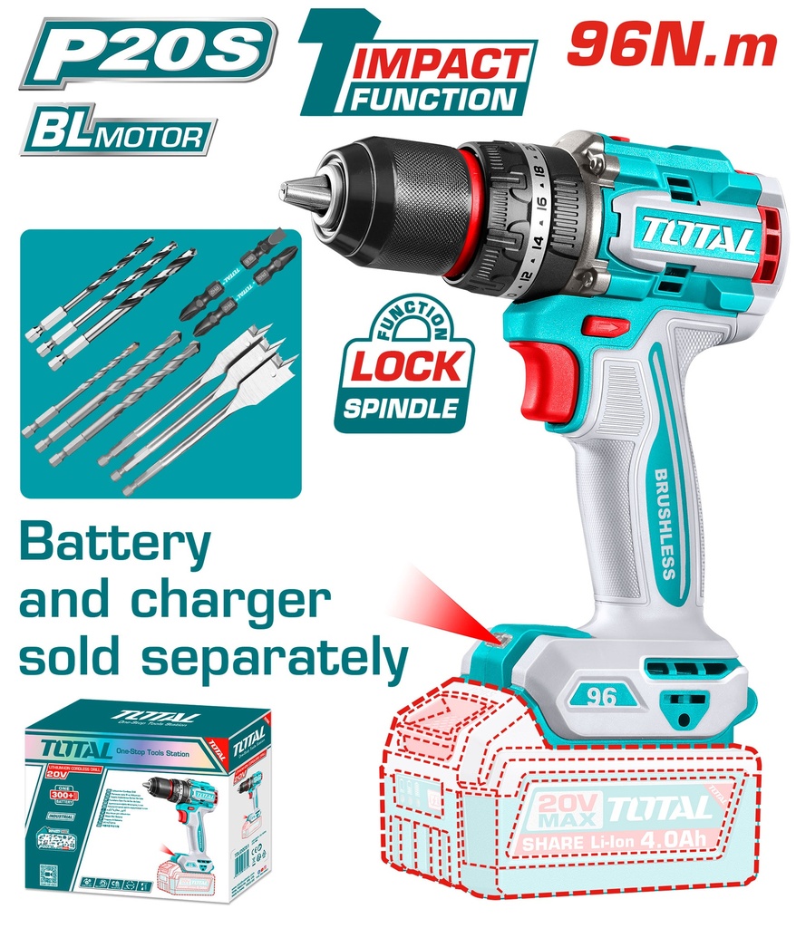 TALADRO INALAMBRICO 1/2 20V 96 N.M INCLUYE 11 PUNTA ACCESPRIOS BATERIA Y CARGADOR SE VENDE POR SEPARADO INDUSTRIAL SUPER TOTAL (TIDLI209681) 