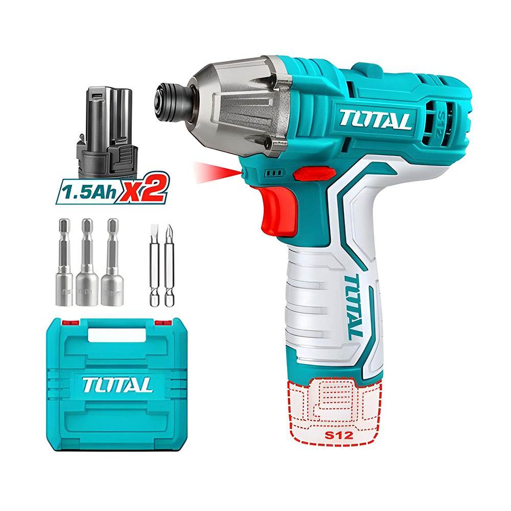 ATORNILLADOR DE IMPACTO INALAMBRICO 1/4 12V 100NM  INCLUYE 2 BATERIAS, 2 PUNTA TALADRO Y 3 COPAS  CAJA PLASTICA SUPER TOTAL (TIRLI12015)