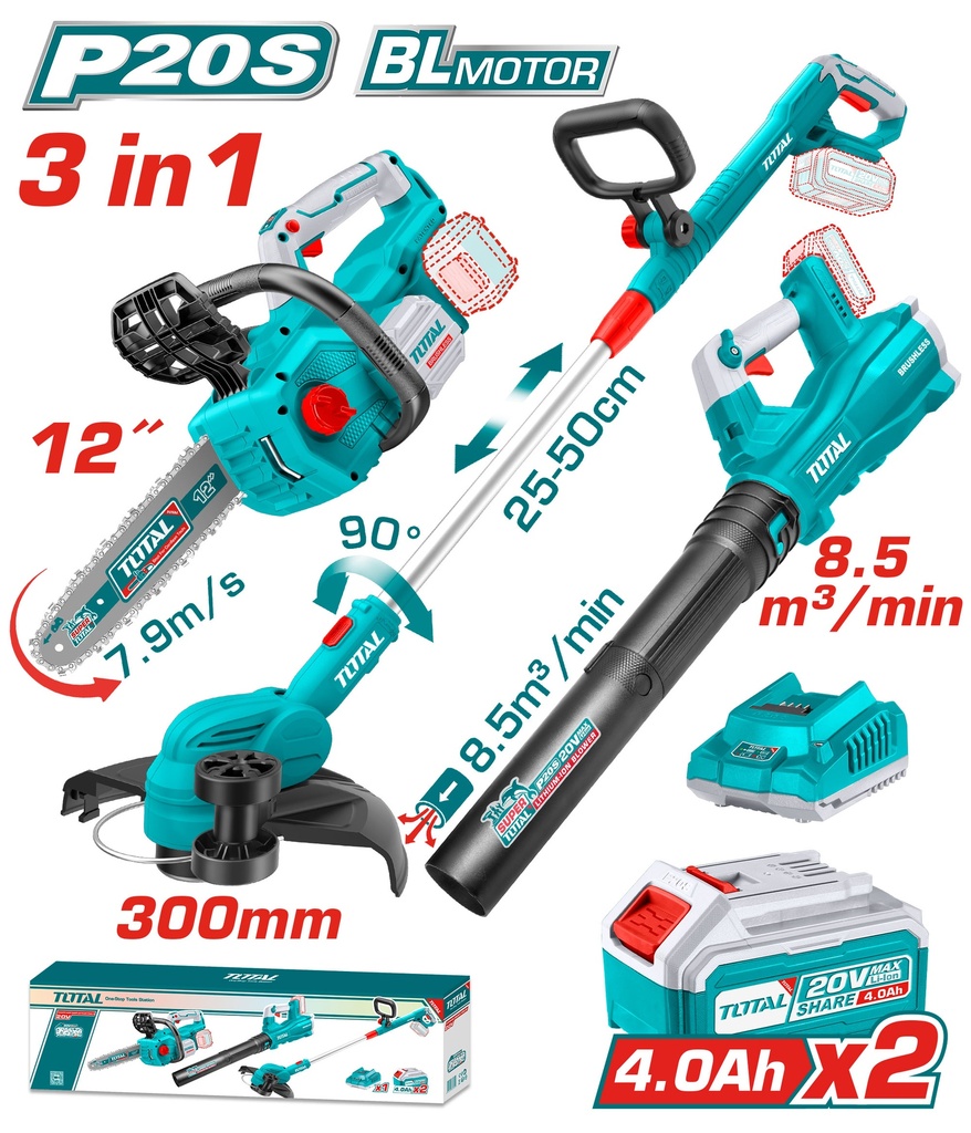 COMBO INALAMBRICO 20V MOTOSIERRA INALAMBRICA 12" + GUADAÑADORA + SOPLADORA + 2 BATERIAS 4.0 AH Y CARGADOR INDUSTRIAL SUPER TOTAL (UTOSLI241189)