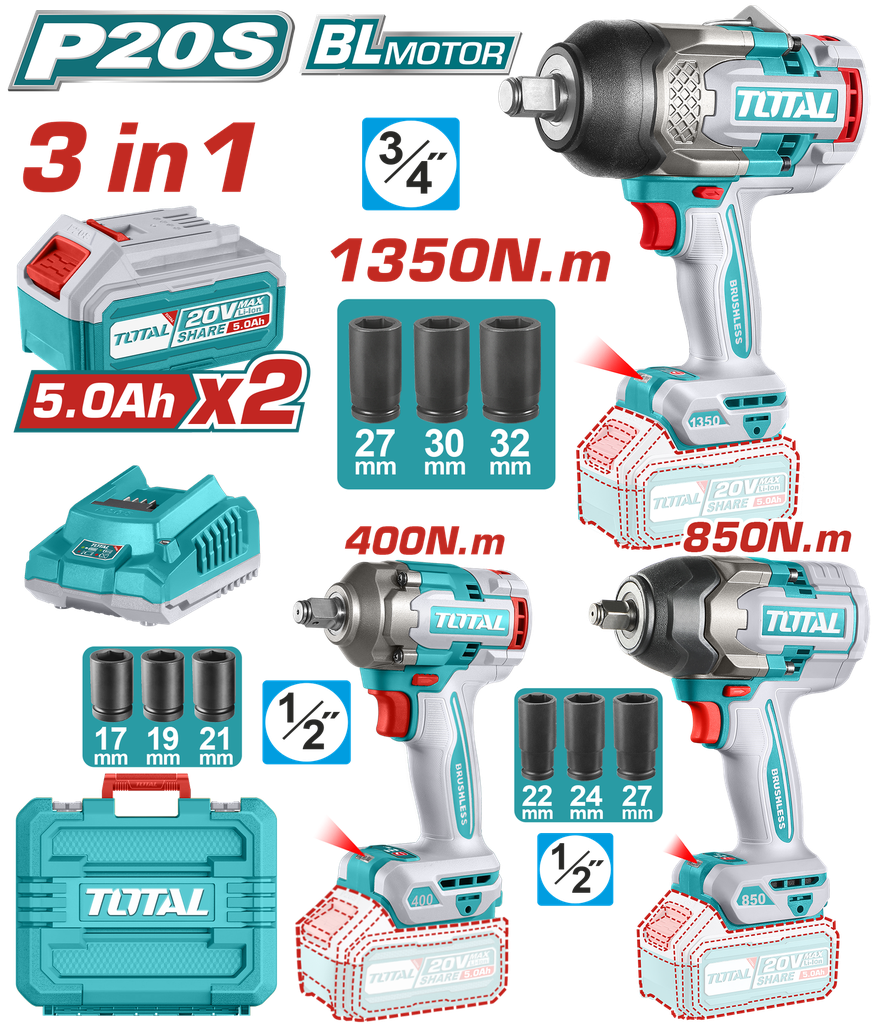COMBO INALAMBRICO 20V PISTOLA IMPACTO 3/4 1350NM  + PISTOLA IMPACTO 1/2 850NM  + PISTOLA IMPACTO 1/2 400NM INCLUYE 2 BATERIAS 5.0AH + CARGADOR + ACCESORIOS INDSUTRIAL TOTAL (UTOSLI250386)
