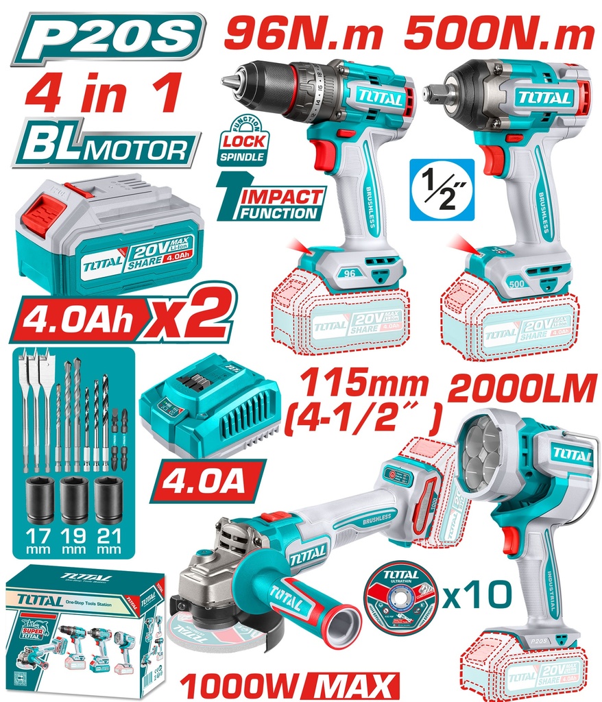 COMBO INALAMBRICO 20V TALADRO 1/2 96 N.M + PISTOLA IMPACTO 1/2 500 N.M + PULIDORA  4 1/2 1000W + LAMPARA DE TRABAJO  2000 LUMENES INCLUYE 2 BATERIAS 4.0AH , CARGADOR Y ACCESORRIOS INDUSTRIAL TOTAL (UTOSLI241292)