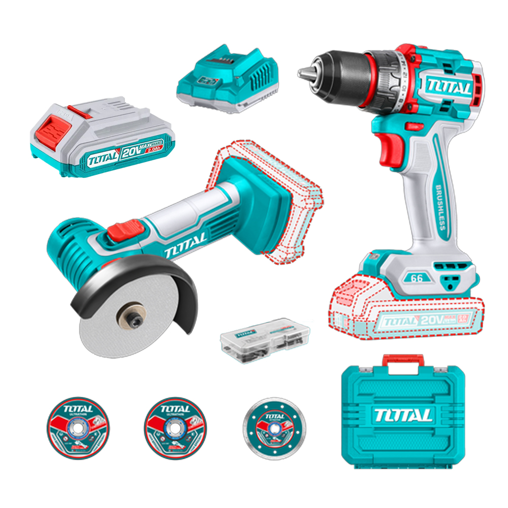 COMBO INALAMBRICO 20V X 2 PZS TALADRO 1/2  66 N.M + MINI PULIDORA 3" INCLUYE 2 BATERIAS  2.0 AH + CARGADOR  + 7 DISCOS Y 47 ACCESORIOS INDUSTRIAL SUPER TOTAL (UTCKLI20766) 