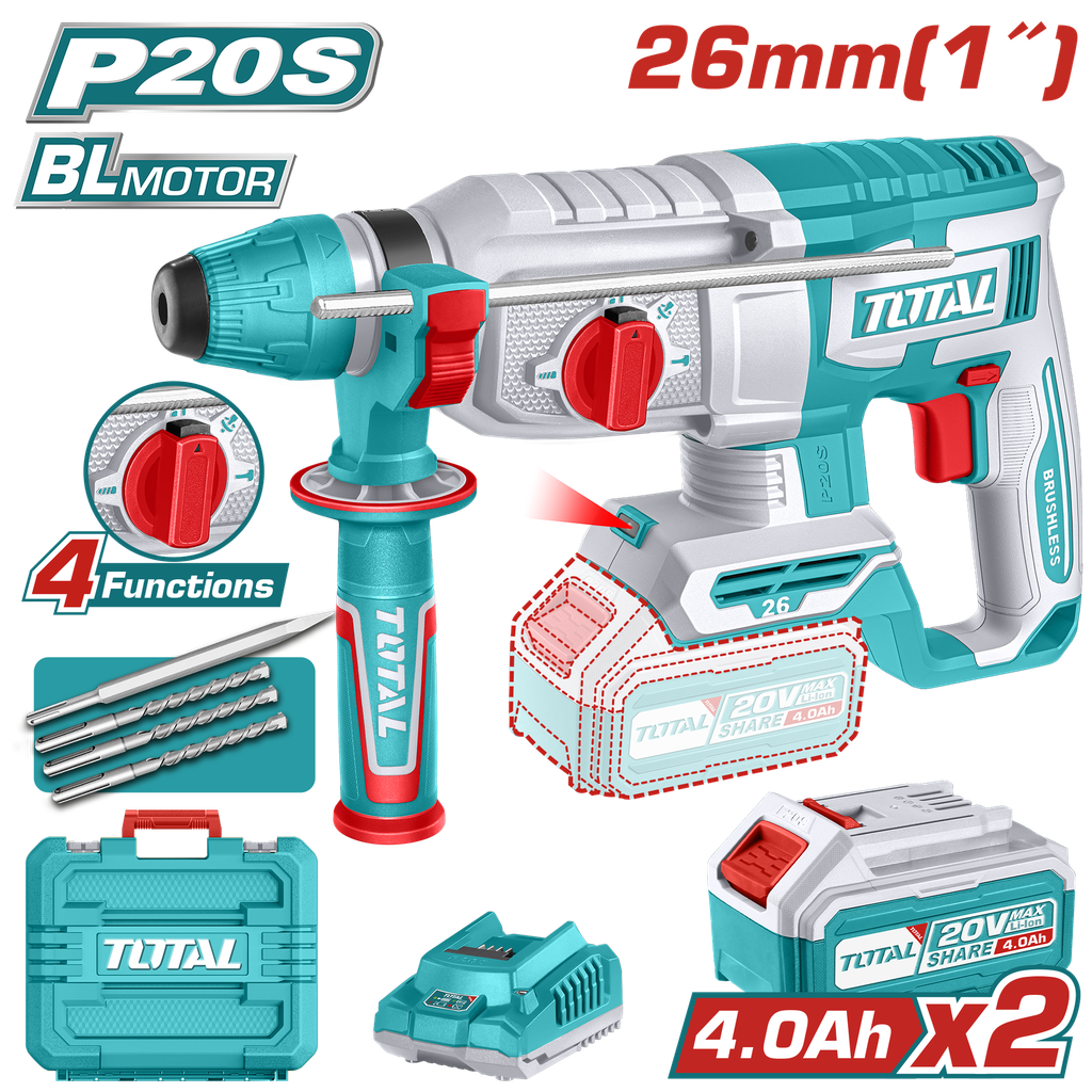 TALADRO ROTOMARTILLO 1" 20V SDS PLUS 2,5 JULES  INCLUYE 3 BROCAS , 1 CINCEL CARGADOR  Y BATERIA  INDUSTRIAL TOTAL (UTRHLI202682)