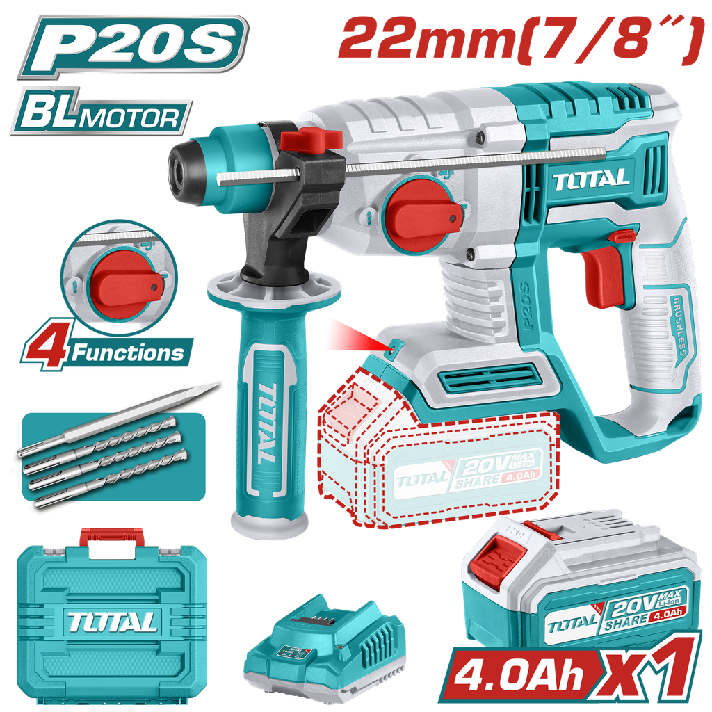 TALADRO ROTOMARTILLO 7/8"  20V SDS PLUS 2,0 JULES INCLUYE 1 BATERIA,1 CARGADOR Y 4 ACCESORIOS INDUSTRIAL  SUPER TOTAL (UTRHLI202081)