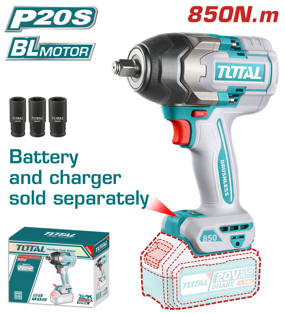 PISTOLA IMPACTO INALAMBRICO 1/2 20 V 850 BATERIA CARGADOR SE VENDE POR SEPARADO SUPER TOTAL (TIWLI20851)
