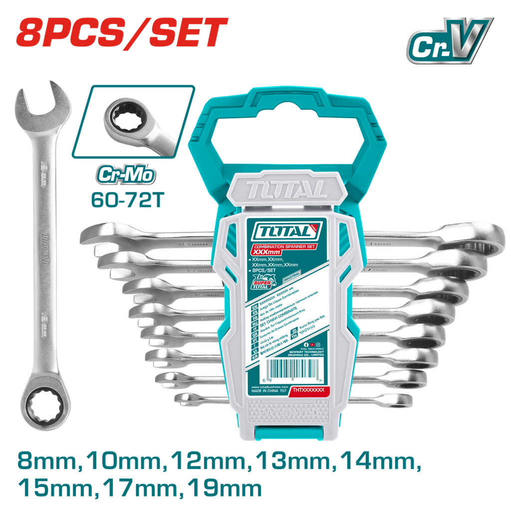 LLAVE MIXTA CON RACHE 8 - 19 MM JUEGO X 8 PZS SUPER SELECT TOTAL (THT102RK086)