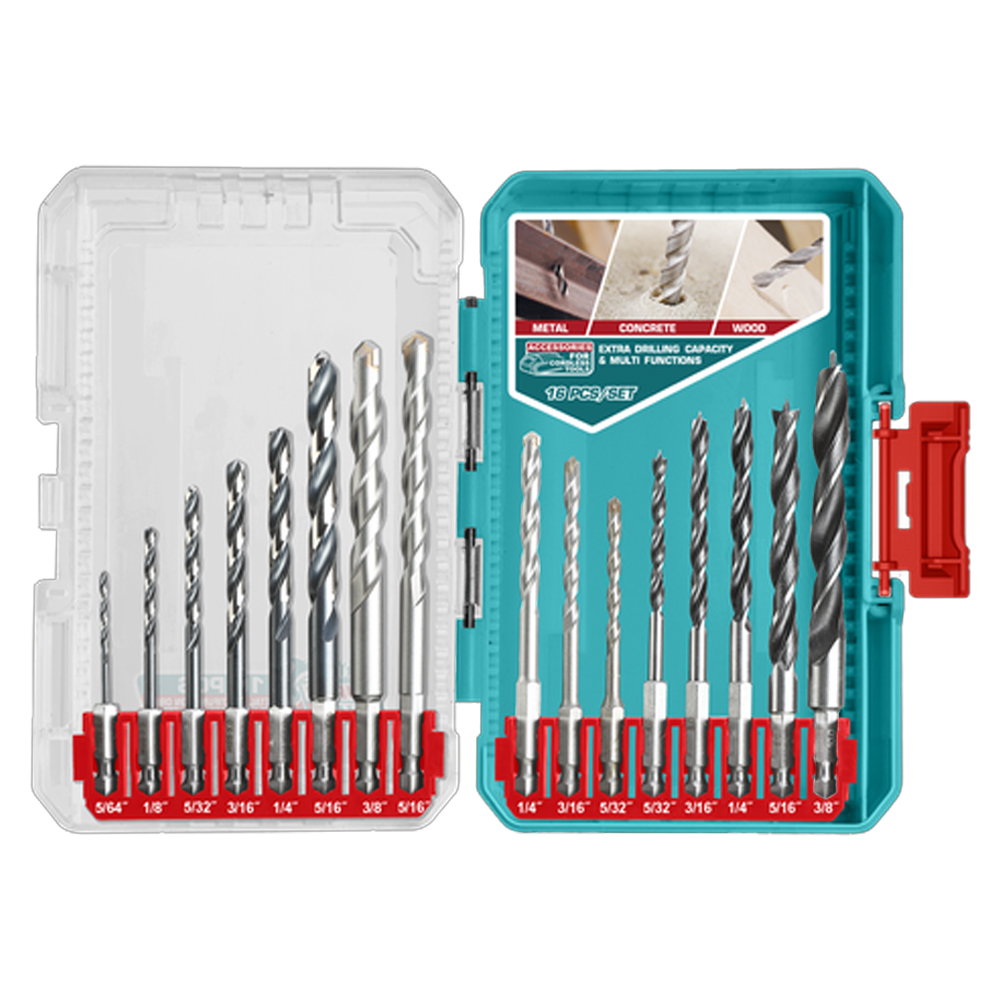 JUEGO DE BROCAS X 16 PZS PARA MURO, MADERA Y LAMINA CON VASTAGO EXAGONAL  INDUSTRIAL TOTAL (UTACSDL11608)