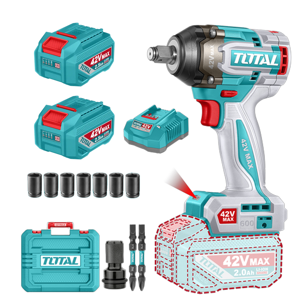 PISTOLA IMPACTO 42V 600 NM  INCLUYE 2 BATERIAS 1 CARGADOR COPAS , PUNTA DESTORNILLADOR Y ADAPTADOR INDUSTRIAL SUPER TOTAL(UTIWLI42602)