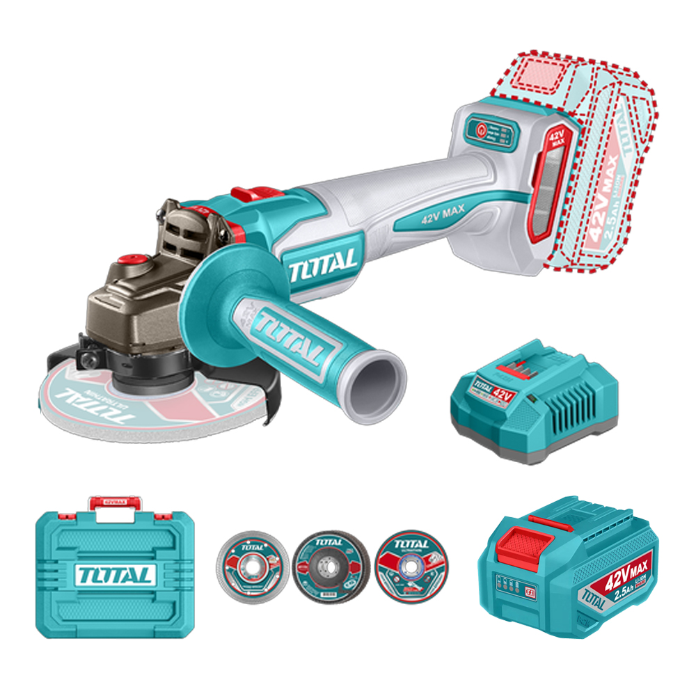 PULIDORA INALAMBRICA 4 1/2 INDUSTRIAL 42V 1280W INCLUYE DISCOS  2 BATERIAS 2.0 AH Y CARGADOR , MOTOR SIN ESCOBILLAS  INDUSTRIAL SUPER TOTAL (UTAGLI4128112)