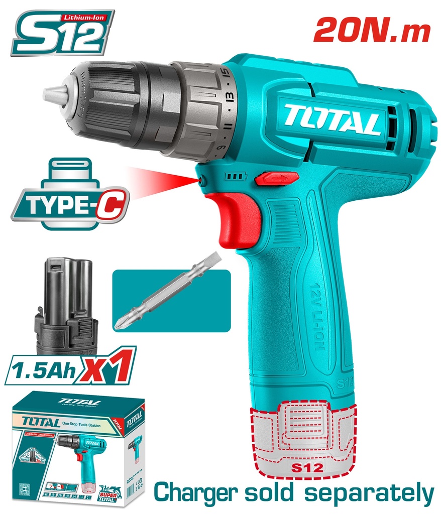 TALADRO INALAMBRICO 1/32/3/8" 12V 20NM INCLUYE 1  BATERIA 1.5AH, 1 PUNTA DESTORNILLADOR CARGA TIPO C  SUPER TOTAL(TDLI12456)
