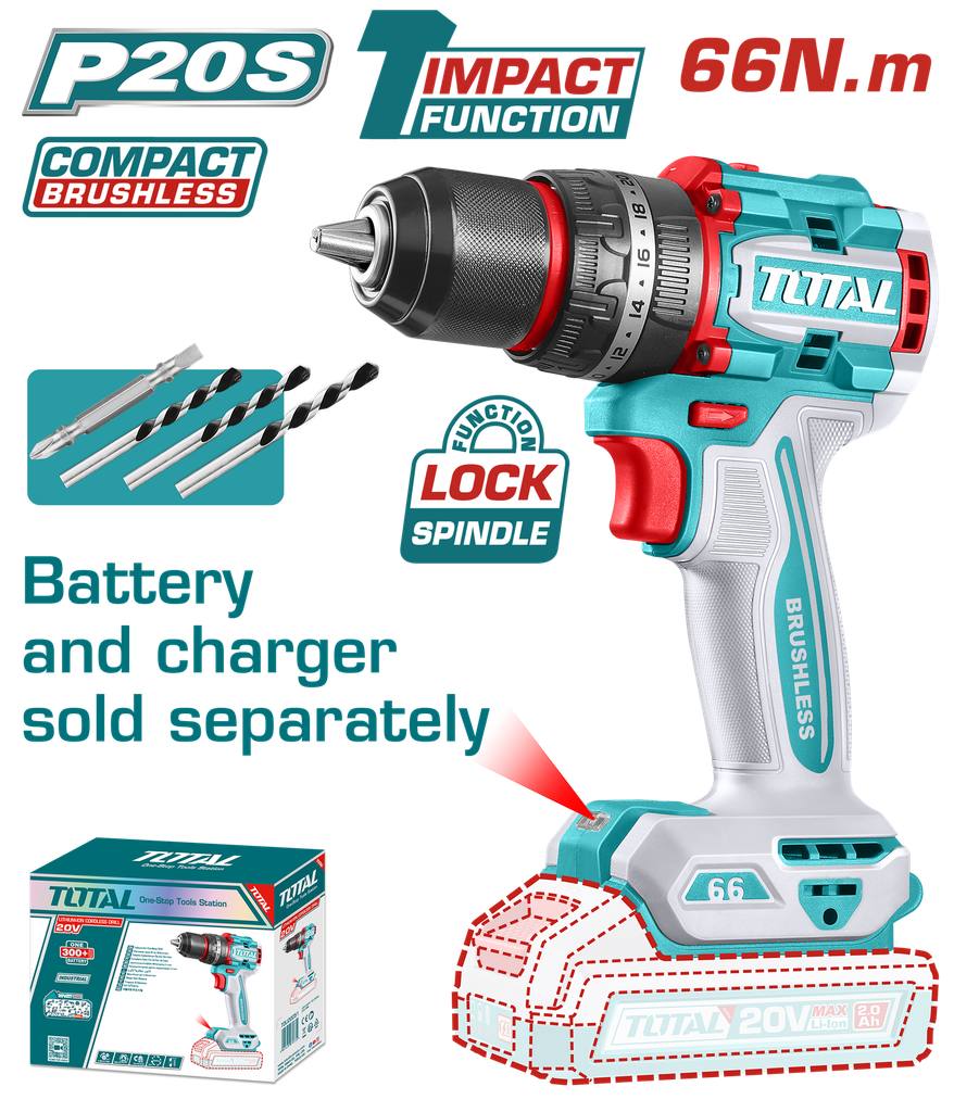 TALADRO PERCUTORATORNILLADOR INALAMBRICO 1/2 20V 66 NM BATERIA Y CARGADOR SE VENDE POR SEPARADO INCLUYE 4 ACESORIOSINDUSTRIAL SUPER TOTAL