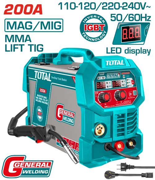 SOLDADOR INVERSOR DIGITAL 200A (MMA-MIG-MAG-LIFT TIG-) 110-220V INDUSTRIAL SUPER TOTAL  (UTMGT20058)