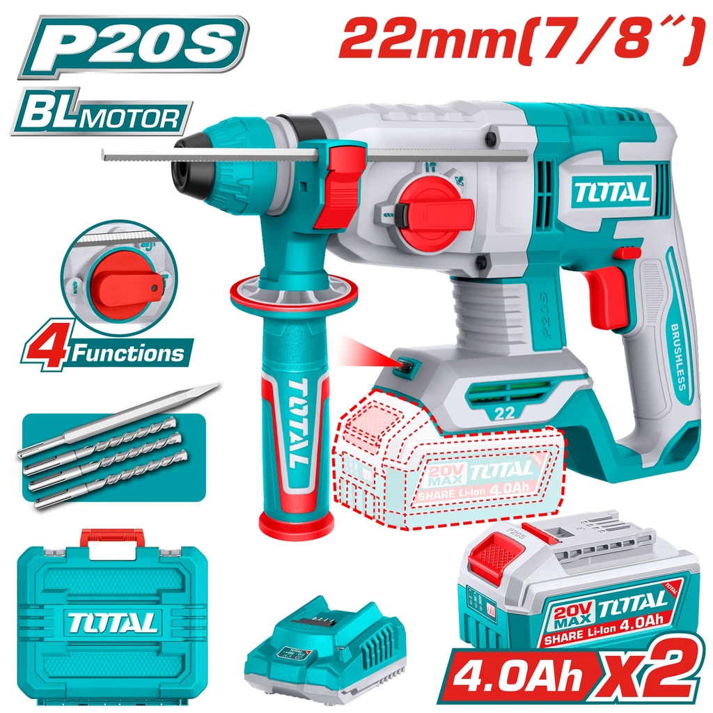 TALADRO ROTOMARTILLO 7/8"  20V SDS PLUS 2.0 JULES INCLUYE 2 BATERIA 4.0AH,1 CARGADOR Y 4 ACCESORIOS INDUSTRIAL  SUPER TOTAL (UTRHLI212282)