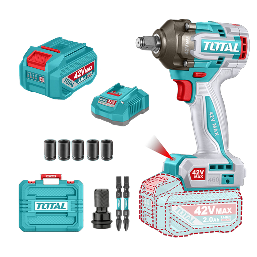 PISTOLA IMPACTO INALAMBRICA 1/2" 42V 460 NM CAJA PLASTICA INCLUYE 1 BATERIA, 1 CARGADOR Y ACCESORIOS SUPER TOTAL INDUSTRIAL (UTIWLI42461)