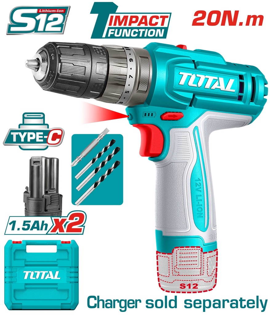 TALADRO INALAMBRICO PERCUTOR 1/32-3/8" 12V 20NM INCLUYE 2 BATERIAS 1.5 AH SUPER TOTAL  (TIDLI12206)