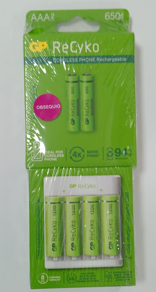 COMBO CARGADOR PILA RECARGABLE GP USB 4 PILAS AA 1300MAH + 2 PILAS AAA 650MAH (GPPBE130+GP65AAA)