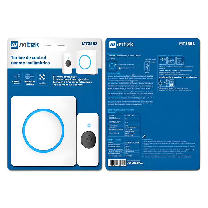 TIMBRE INALAMBRICO MTEK 38 MELODIAS 350MTS (MT3882)